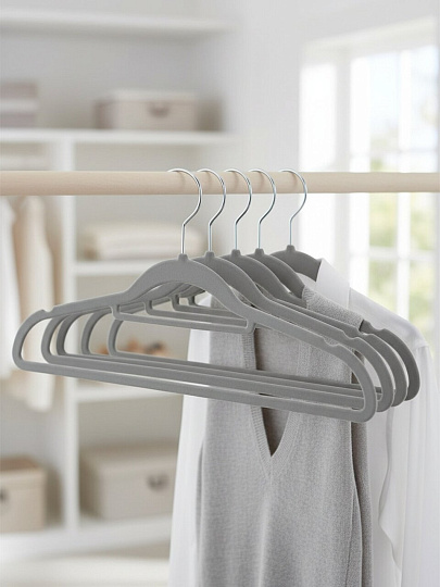 Вешалка-плечики для одежды, 42 см, пластик, 5 шт, резиновое покрытие, серая, Рыжий кот, 110886