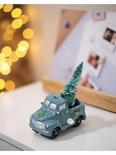 Фигурка МДФ, Грузовичок с елкой, 12х5х6.5 см, новогодняя, с подсветкой, на батарейках, синяя, Y4-8430