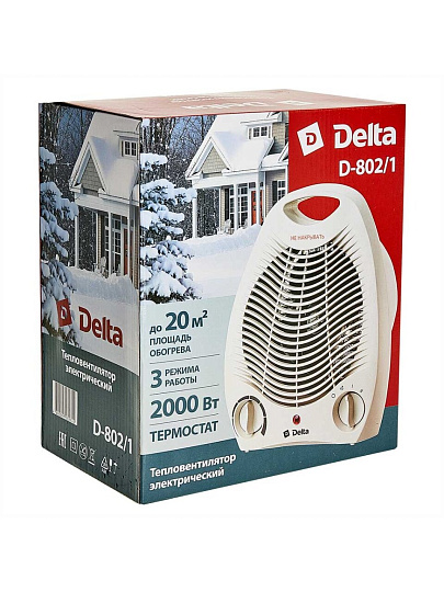 Тепловентилятор Delta, D-802/1, напольный, 2 кВт, 24 м2, спиральный, белый, D-802/1