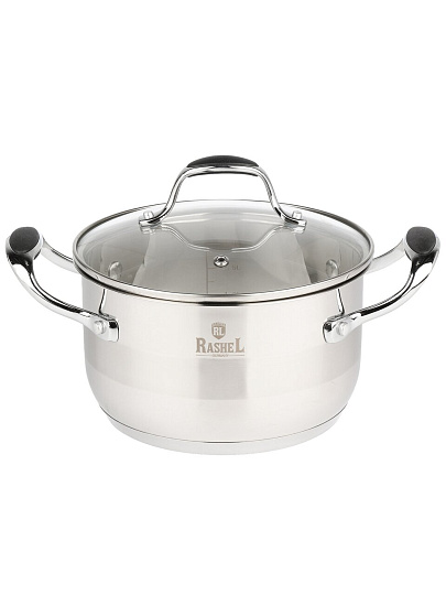 Кастрюля нержавеющая сталь, 2.6 л, крышка стекло, RasheL, R-26-18, серая, индукция