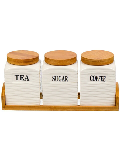Банка для сыпучих продуктов, керамика, 3 шт, с крышкой, на бамбуковой подставке, Y6-6465
