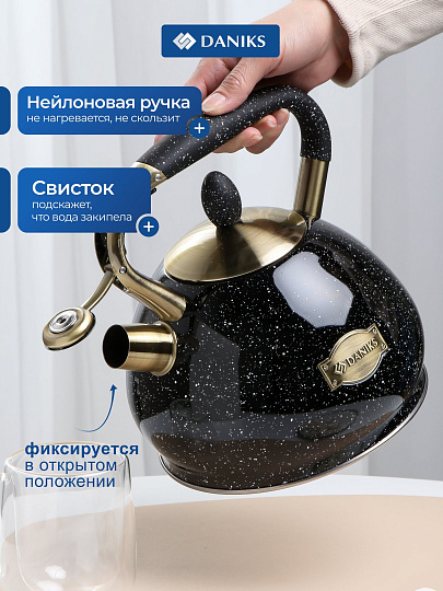 Чайник нержавеющая сталь, 3 л, со свистком, матовый, сталь 304, ручка с покрытием, нейлон, Daniks, индукция, черный, GS-04517G