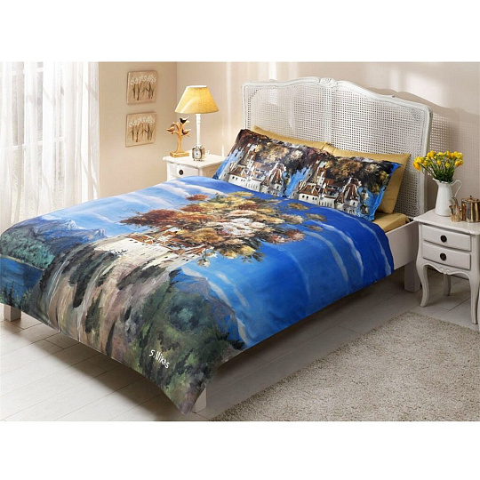 Постельное белье евро, простыня 200х220 см, 4 наволочки 50х70 см, пододеяльник 200х220 см, TAC, сатин, Никас, Салют эмоций