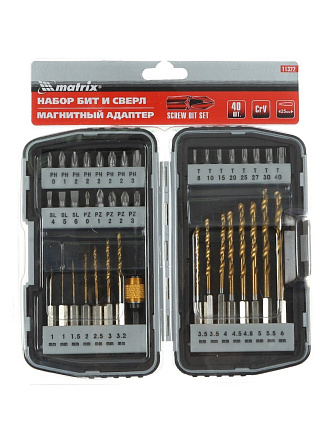 Набор бит Matrix, 40 шт, магнитный адаптер, со сверлами, плотный бокс