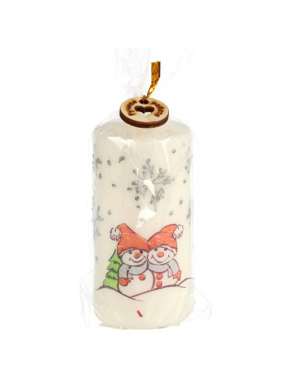Свеча декоративная, 12х6 см, цилиндрическая, Веселые Снеговички, парафин, с ручной росписью, 35 0300 8154