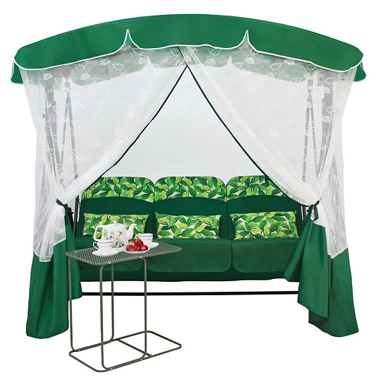 Качели садовые 3-местные, 206.6х143х195 см, 300 кг, Arno, Элегант Премиум, раскладываются в кровать, с москитной сеткой, зеленые, цветы, 2016-КД-45/П, металл
