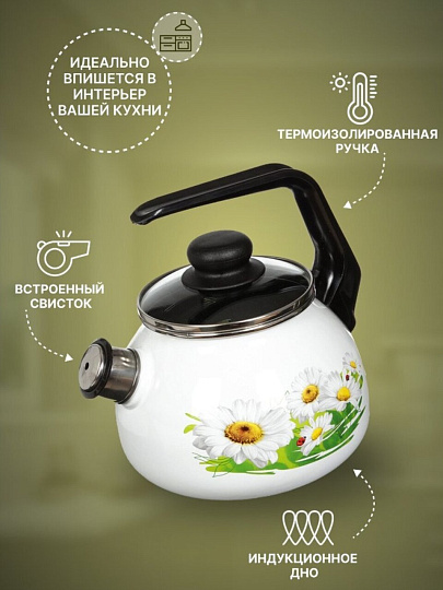 Чайник сталь, эмалированное покрытие, 2 л, со свистком, ручка консольная, СтальЭмаль, Ромашки лето, индукция, 4с210я