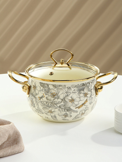 Кастрюля эмалированная сталь, 2 л, крышка стекло, Daniks, Цветущий сад, индукция