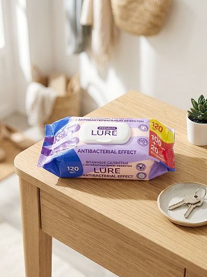 Салфетки влажные Lure, Premium, антибактериальные, 120 шт, с пластиковым клапаном, 15095