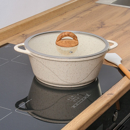 Кастрюля алюминий, антипригарное покрытие, 4 л, крышка стекло, Гурман, Estima, ГМк403 ЭБИ, бежевая, индукция