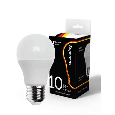 Лампа светодиодная E27, 10 Вт, 90 Вт, груша, 4000 К, свет нейтральный белый, Supermax