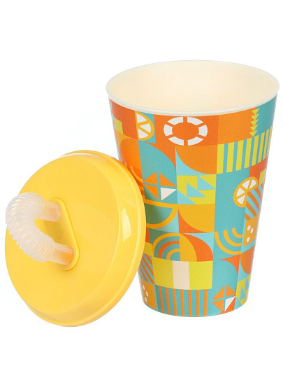 Стакан 420 мл, пластик, IZI-GO, Геометрия, с трубочкой, с крышкой, с декором, 0403/01