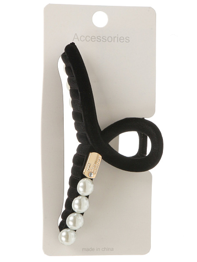 Заколка для волос 13 см, черный, с белыми бусинами, Y4-11621