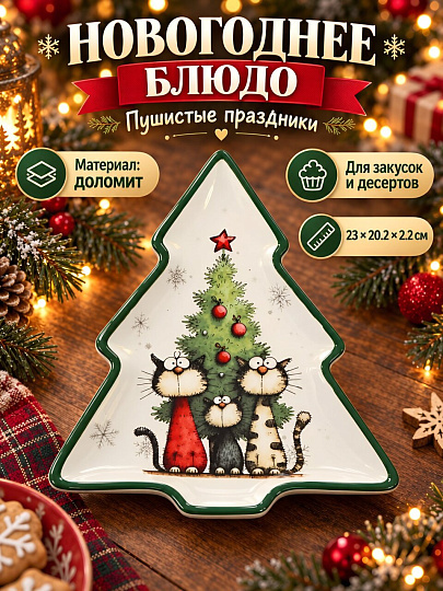 Блюдо доломит, фигурное, 20.2х23х2.2 см, Пушистые праздники, Daniks