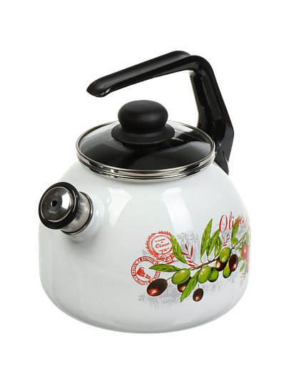Чайник сталь, эмалированное покрытие, 3 л, со свистком, с пластиковой кнопкой, Сибирские товары, Оливки и черри, индукция, белый, С2717.3