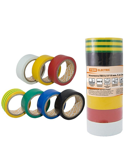 Изолента ПВХ, 19 мм, 150 мкм, мультиколор, 5 м, 7 шт, TDM Electric, SQ0526-0052