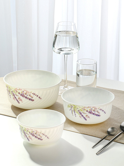 Салатник стеклокерамика, круглый, 3 шт, 9 см, 14, 16, 19 см, 0.5, 0.8, 1.4 л, с крышкой, Лаванда, Daniks, HDW3T-P
