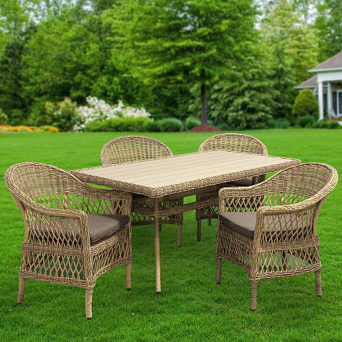 Мебель садовая Green Days, Барбара, бежевая, стол, 160х90х75 см, 4 кресла, подушка серо-коричневая, CYH1927W