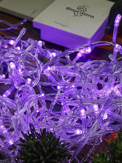 Гирлянда 200 ламп, 10 м, 8 режимов, фиолетовый, прозрачная, в помещении, сетевая, LED