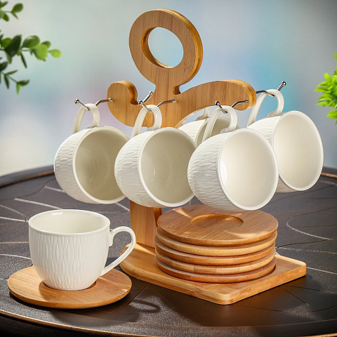 Набор чайный керамика, 12 предметов, на 6 персон, 170 мл, бамбуковая подставка, белый, Белый, Y4-6602, подарочная упаковка