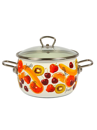 Кастрюля эмалированная сталь, 4 л, крышка сталь, петля, сферический, СтальЭмаль, Fruits, 1SC205S, белая, индукция