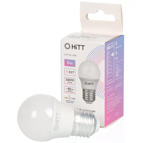 Лампа светодиодная E27, 9 Вт, 90 Вт, 230 В, шар, 4000 К, свет нейтральный белый, HiTT, HiTT-PL-G45