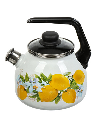Чайник сталь, эмалированное покрытие, 3 л, со свистком, с пластиковой кнопкой, Сибирские товары, Лимоны, индукция, белый, С2717.3