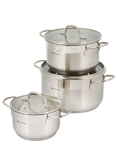 Набор посуды нержавеющая сталь, 6 предметов, кастрюли 1.9, 3.6, 6.1 л, сталь 304, индукция, Daniks, Нолан, GS-01363-6PC