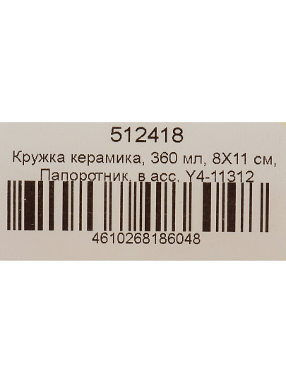Кружка керамика, 360 мл, Папоротник, 8Х11 см, Y4-11312, в ассортименте