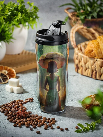 Термокружка пластик, 0.38 л, Daniks, Девушка с зонтом, колба пластик, YYCF001-34