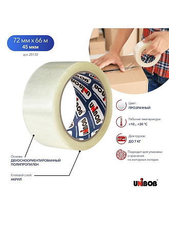 Клейкая лента упаковочная, 44 мм, прозрачная, основа полипропиленовая, 66 м, 45 мкм, Unibob, 600, 28130