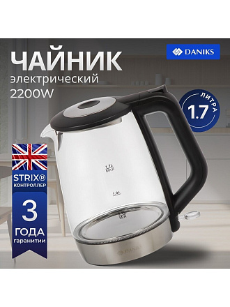 Чайник электрический Daniks, G918, 1.7 л, 2200 Вт, скрытый нагревательный элемент, стекло