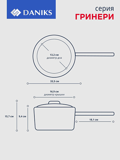 Ковш нержавеющая сталь, 1.7 л, крышка стекло, силиконовая ручка, индукция, Daniks, Гринери, SD-23-16SP, мятный