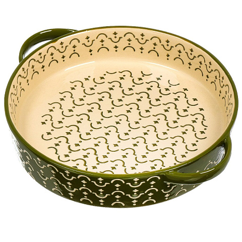 Форма для запекания и сервировки керамика, 30.5х26х5.5 см, круглая, с ручками, зеленая, BY Collection, 826-346