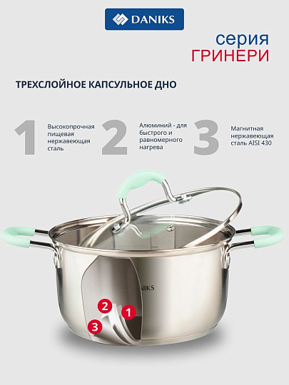 Кастрюля нержавеющая сталь, 3.4 л, крышка стекло, силиконовые ручки мятные, Daniks, Гринери, SD-23-20-2, индукция