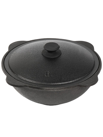 Казан узбекский чугун, 6 л, DavrMetall, с крышкой, крышка алюминий, плоское дно, Гурман