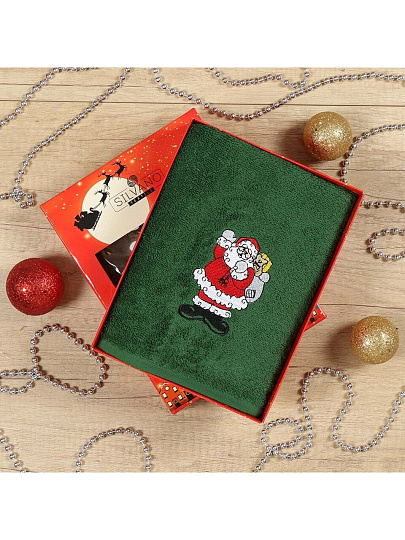 Полотенце кухонное 50х90 см, 100% хлопок, Silvano, Новогодние истории Санта с подарками, зеленое, Турция, DU-2021-50-1-4386