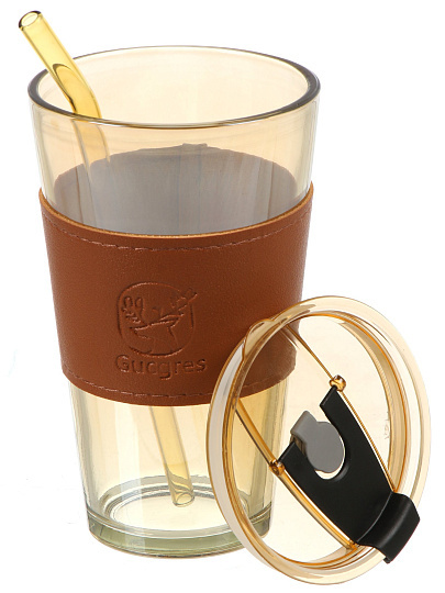 Стакан 400 мл, стекло, Amber, с трубочкой, B060522