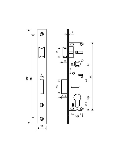 Замок врезной Булат, ЗВ 4-1.20.85.23.08, 15 886, без ручки, цилиндровый, универсальный, для узкопрофильных дверей
