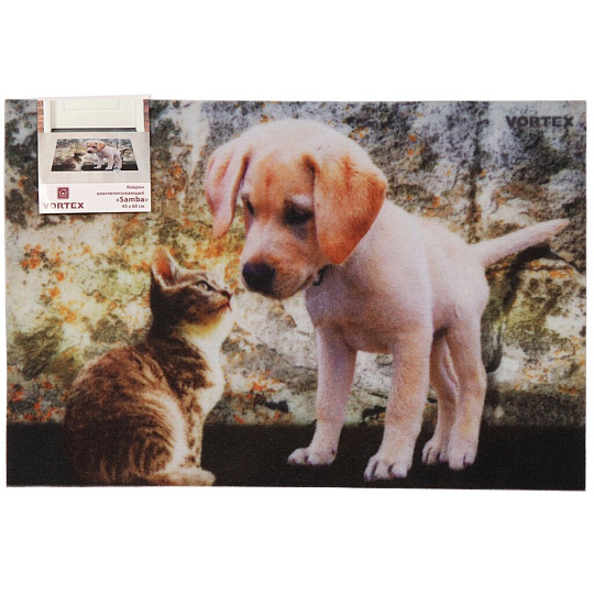 Коврик грязезащитный, 40х60 см, прямоугольный, резина, с ковролином, Samba Котенок и щенок, Vortex, 24215