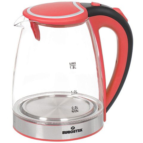 Чайник электрический Eurostek, EEK-3021, красный, 1.8 л, 1800 Вт, скрытый нагревательный элемент, LED подсветка, стекло