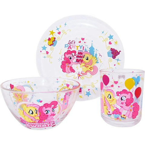 Набор детской посуды стекло, 3 шт, My Little Pony, кружка 250 мл, салатник 13 см, тарелка 19,5 см, MLPS3G-1