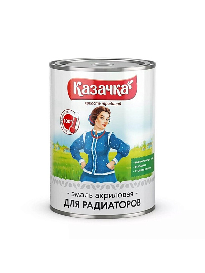 Краска водно-дисперсионная, Казачка, акриловая, для радиаторов, моющаяся, влагостойкая, полуглянцевая, белая, 0.9 кг