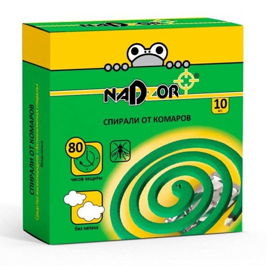 Репеллент от комаров, спираль, малодымные, зеленые, без запаха, Nadzor, 10 шт, ISM004C