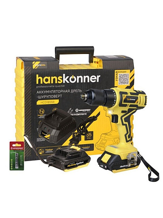 Дрель-шуруповерт аккумуляторный, Hanskonner, HCD1855R, 18 В, 1BatterySystem, 13 мм, 55Нм, 2х2.0Ач, кейс