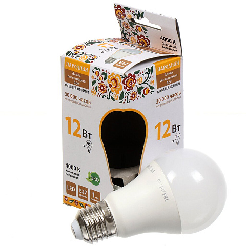 Лампа светодиодная E27, 12 Вт, 95 Вт, груша, 4500 К, свет холодный белый, TDM Electric, Народная