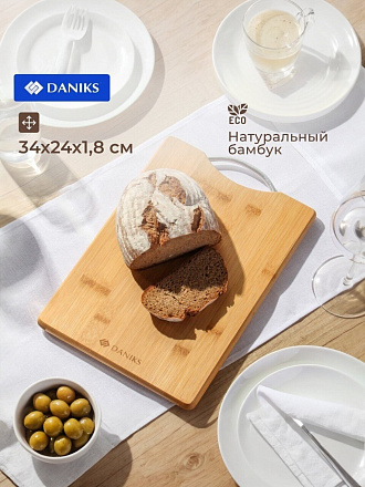 Доска разделочная бамбук, 34х24х1.8 см, с ручкой, прямоугольная, Daniks, H-1080M