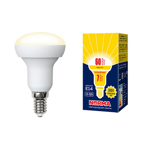 Лампа светодиодная E14, 7 Вт, 60 Вт, 175-250 В, рефлектор, 3000 К, свет теплый белый, Volpe, Norma, матовая