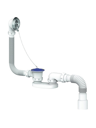 Сифон для ванны, гофрированный, 40х40/50х90 мм, полипропилен, с выпуском, с переливом, круглый перелив, Unicorn, S12
