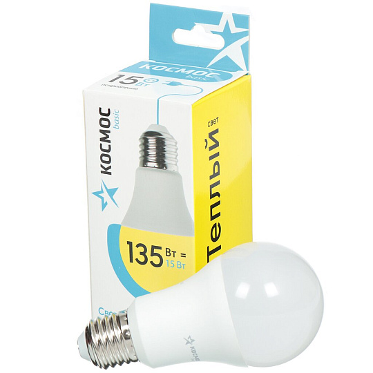 Лампа светодиодная E27, 15 Вт, 135 Вт, груша, 3000 К, теплый белый свет, Космос, Экономик, LkecLED15wA60E2729